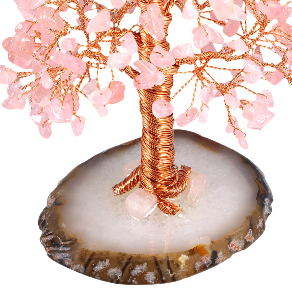 mookaitedecor Natural Rose Quartz Crystal Tree with Agate Slice Geode Base Money Tree Desk Home Decoration for Wealth and Luck 5"-6"