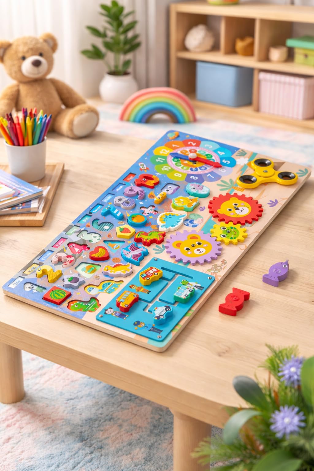 Funiso Montessori Wooden Busy Board Toys for 3+ Boys & Girls, Educational Learning Toy, Number Puzzle Board with Counting, Shapes & Magnetic Fishing Game, Preschool Toy Gift for Toddlers Kids.