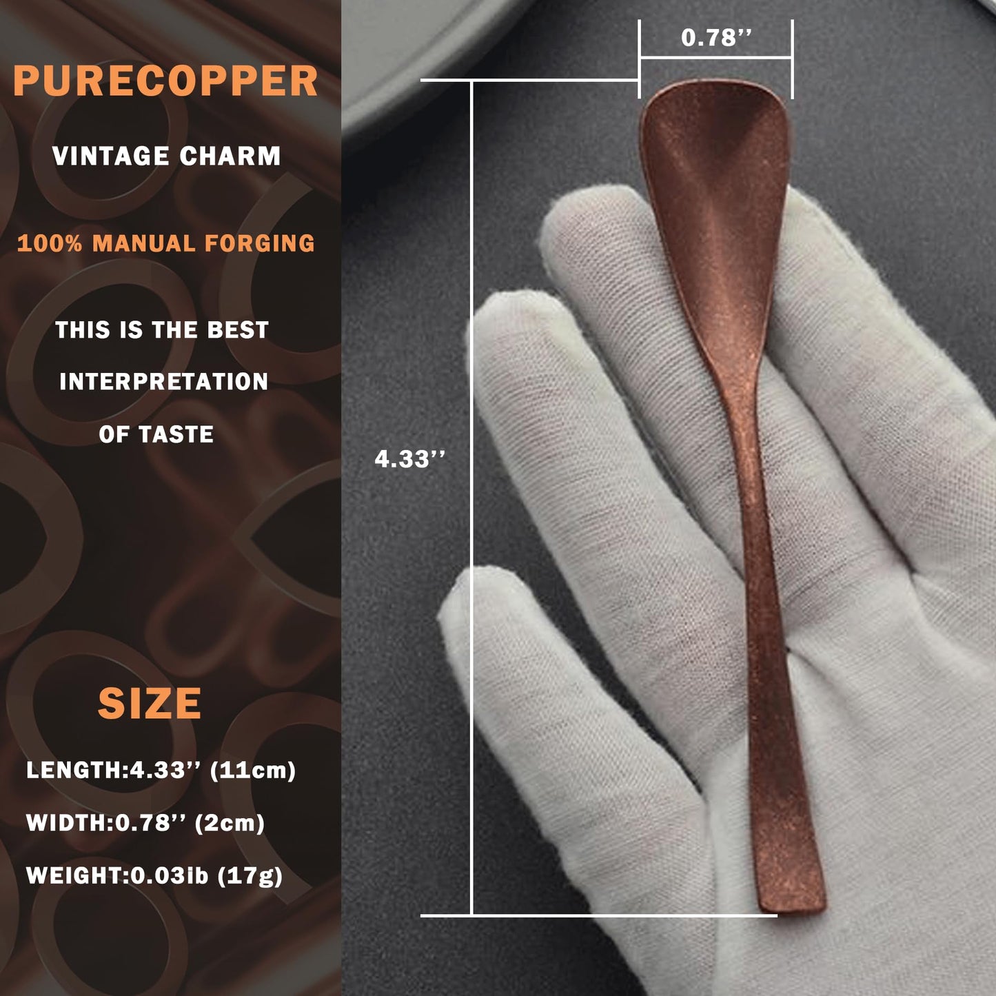 Purecopper 4.33-Inch Vintage Teaspoon, Hand-Forged Antique Copper Spoon, Suitable for Stirring Coffee and Desserts, Cakes, Ice Cream (4)