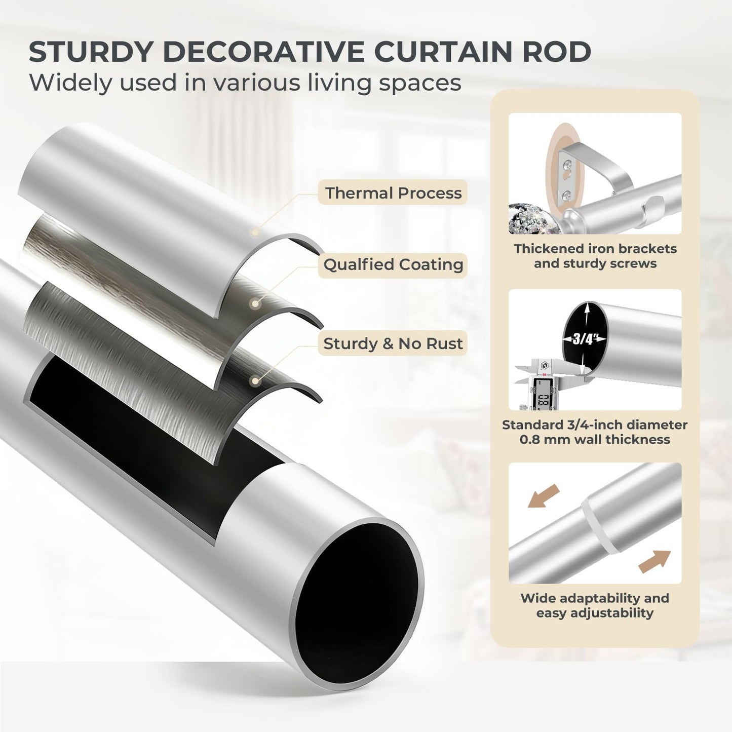 TVWOO Silver Decorative Crystal Curtain Rods:36-88 Inch Heavy Duty Adjustable Window Curtains Rods for Bedroom Living Room,Nickel Modern Girly Acrylic Drapery Rods Set with Sheer Bling Foil Finials