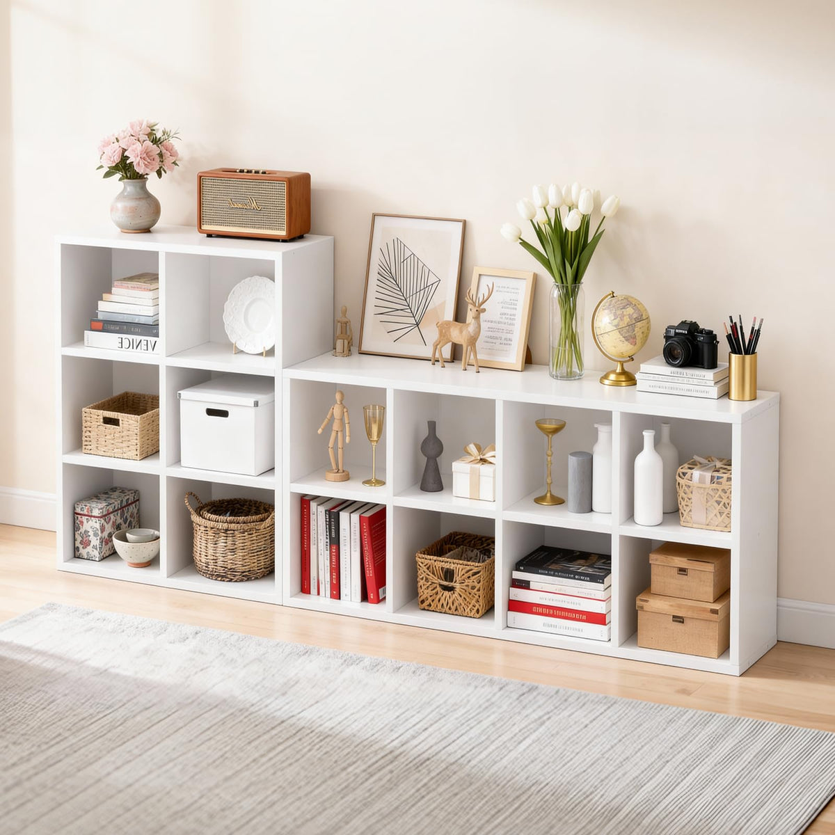 LUCKLIFE 8-Cube Storage Organizer, Stackable Modular Bookcase Shelf with Vertical or Horizontal Use, Fits 11×11" Bins, Optional Back Panels, for Living Room, Office, White
