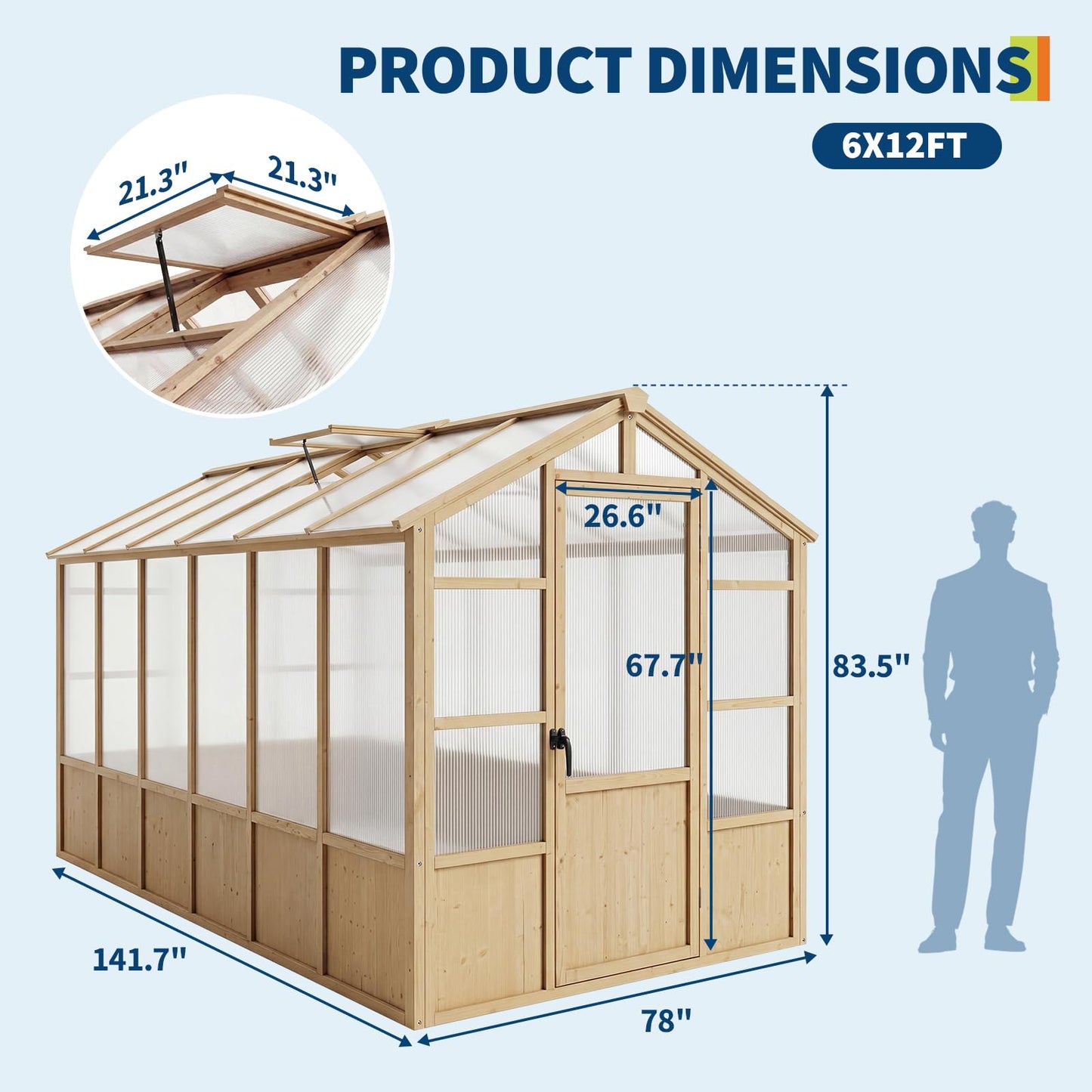Large Wood Frame Greenhouse for Outdoor - Wooden Walk-in Greenhouse Kit with Polycarbonate Panels, Ventilated Window & Lockable Door for Garden, Backyard, Patio, Lawn, Plant House
