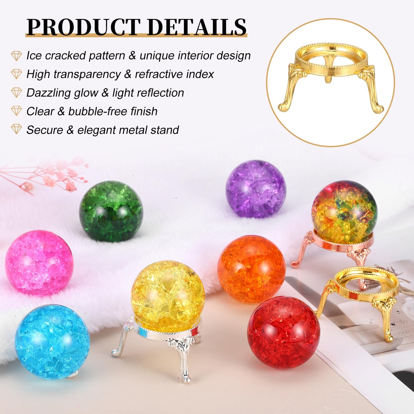 PATIKIL Crystal Ball 40mm, Ice Cracked Glass Ball with Metal Stand, Decorative Crystal Sphere Glass Paperweight for Home Office Table Decor, Purple/Gold