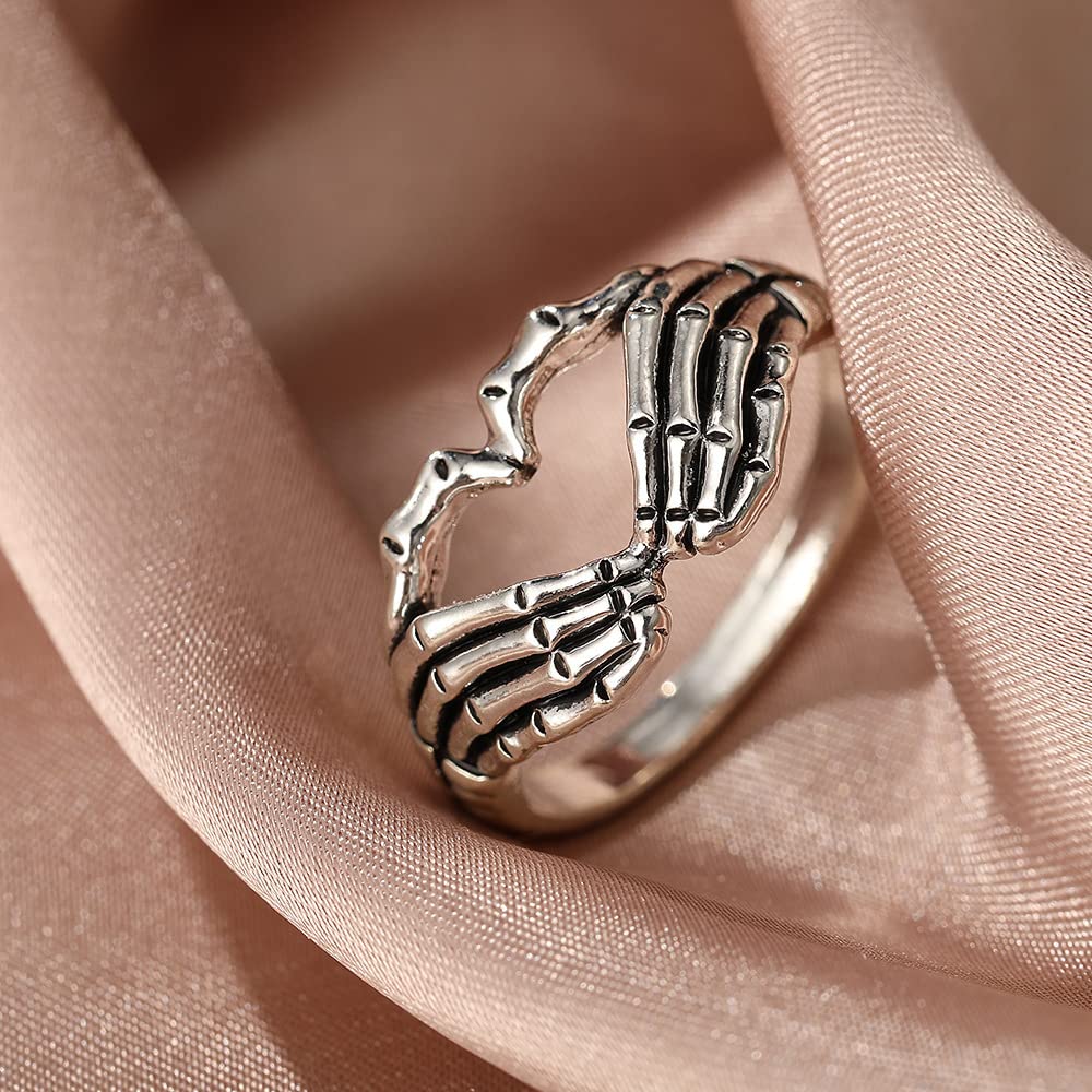 FORUBUS Retro Skull Hand Heart Ring Gothic Style Love Heart Gesture Skeleton Hand Ring for Rock Biker Halloween Trick Costume Jewelry-8