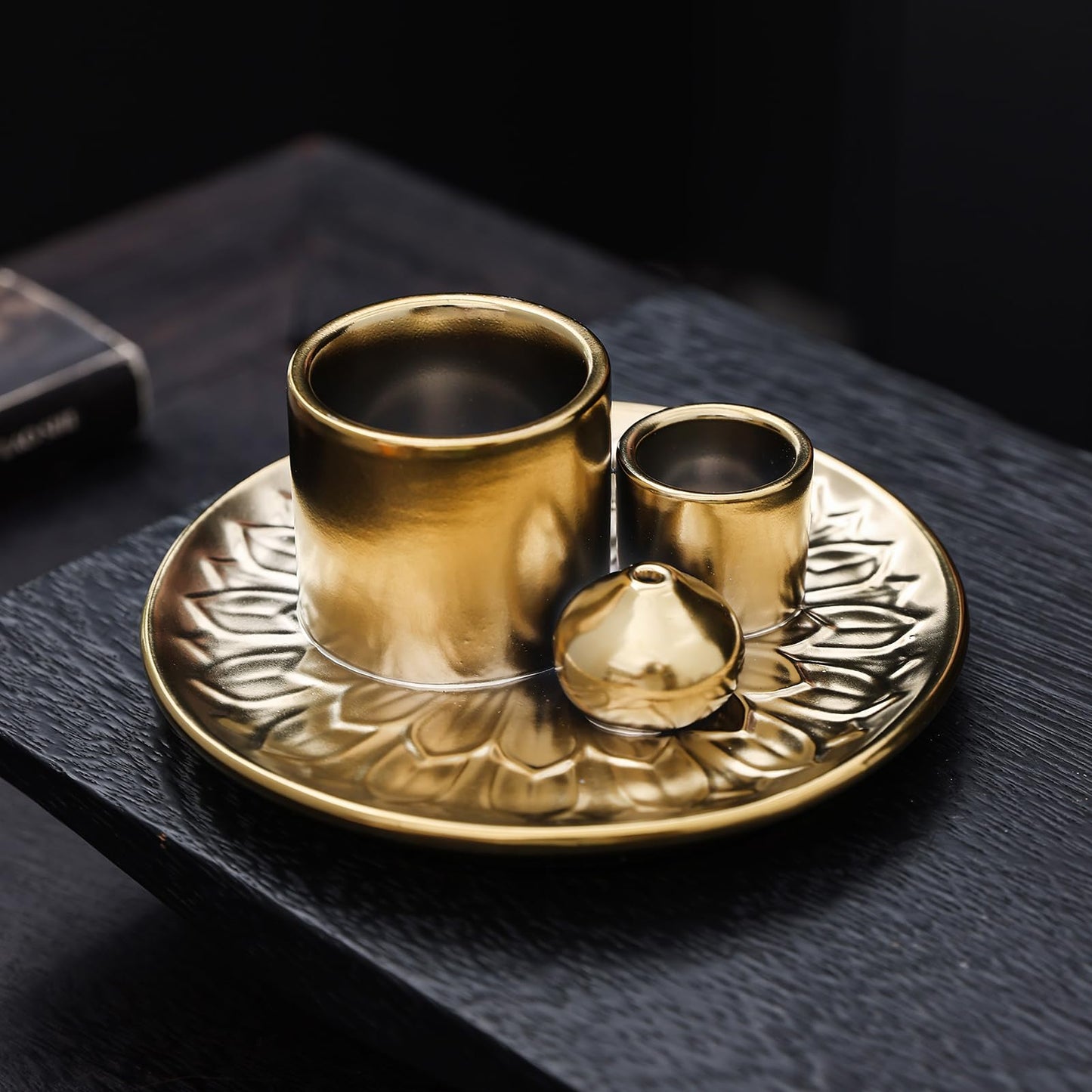 4 in 1 Incense Burner Holder with Ash Catcher, Gold-Plated Ceramic Tray for Burning Incense Sticks, White Sage, Palo Santo, Candle