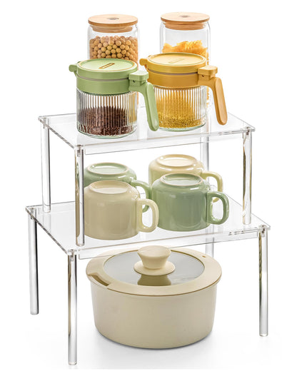 Bobomoment Acrylic Cabinet Organizer, Set of 2 Shelf Organizer, Spice Rack Organizer for Cabinet, Desk Countertop Organizer, Stackable Shelves for Pantry Kitchen Storage and Organization