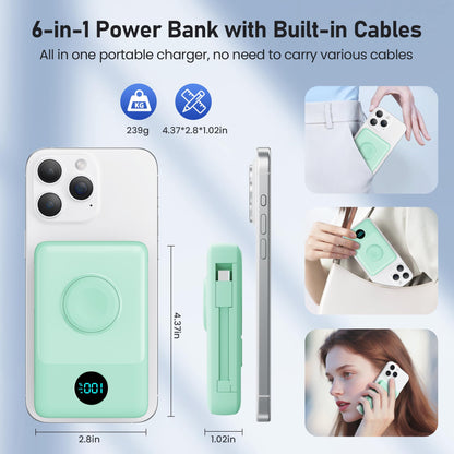Magnetic Portable Charger for iPhone with Built-in Cables, 6-in-1 10800mAh Power Bank with iWatch Charger & LCD Display,25W PD Fast Charging Battery Pack for Magsafe,iPhone 16/15/14/13/12,Apple Watch