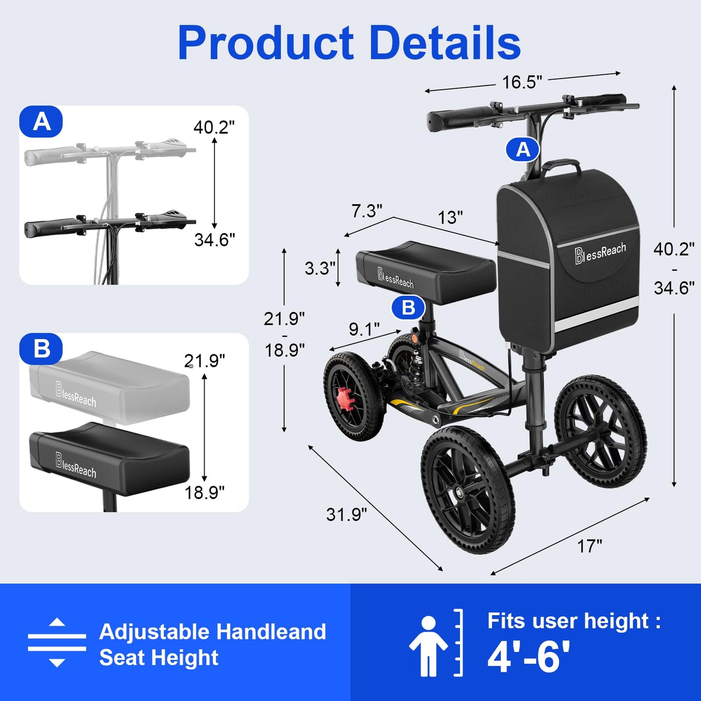 BlessReach All Terrain Foldable Knee Scooter Walker - Economical Knee Walker for Foot Injuries, Compact Crutches Alternative - Black