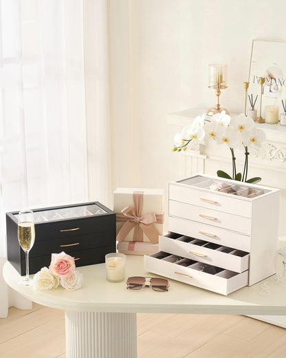 Lolalet 30 Slots Sunglasses Organizer Case for Women, 5-Layer Eyeglass Storage Holder Display Box with Clear Top Lid -Cream
