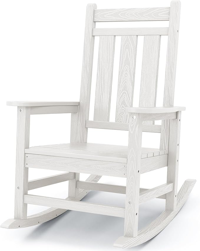 KINGYES Oversized Outdoor Rocking Chair, All-Weather Patio Rocking Chairs for Porch, HDPE Outdoor Patio Rockers with High Back & Wide Seat for Garden, Lawn, White
