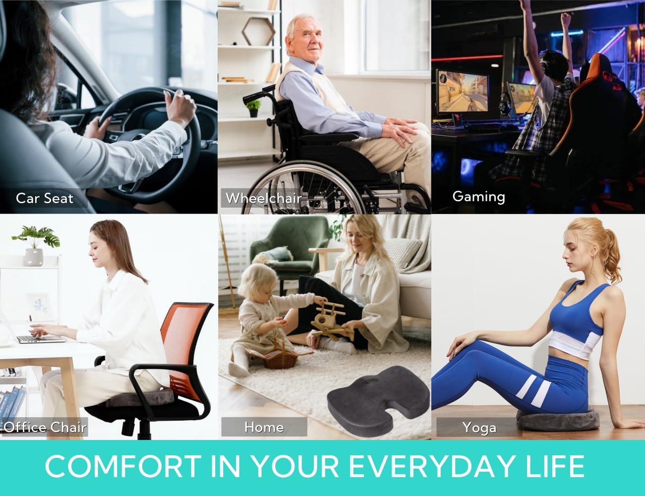 foverhom Gel Seat Cushion for Long Sitting,Office Chair Cushion for Tailbone Pain Relief,Non Slip Orthopedic 50 Density Slow Rebound Memory Foam Car Seat Cushion with Handle and Concealed Zipper