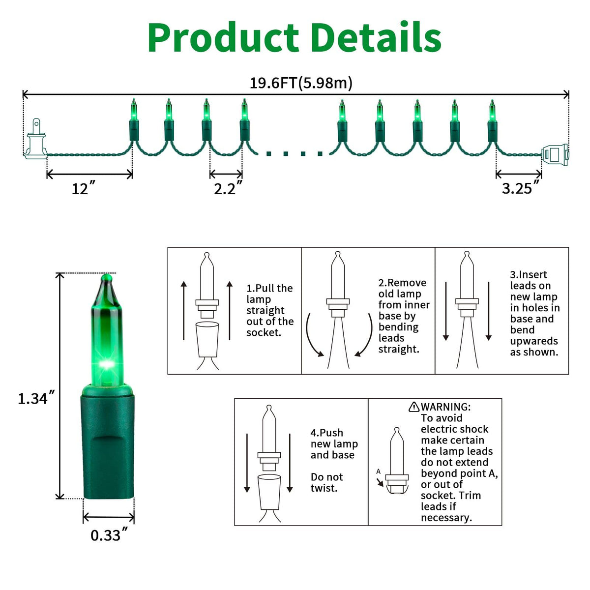 LAMPHOME St. Patrick's Day Mini String Lights, Super-Bright Extendable Green Christmas Lights Decoration 100Lights 19.6ft UL Certified Mini Bulb String Lights Set for Outdoor Christmas Tree Decor