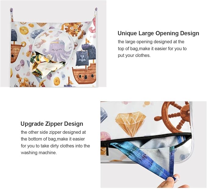 Cute Pirate Octopuses Sailboats Diamonds Hanging Laundry Hamper Door Hampers