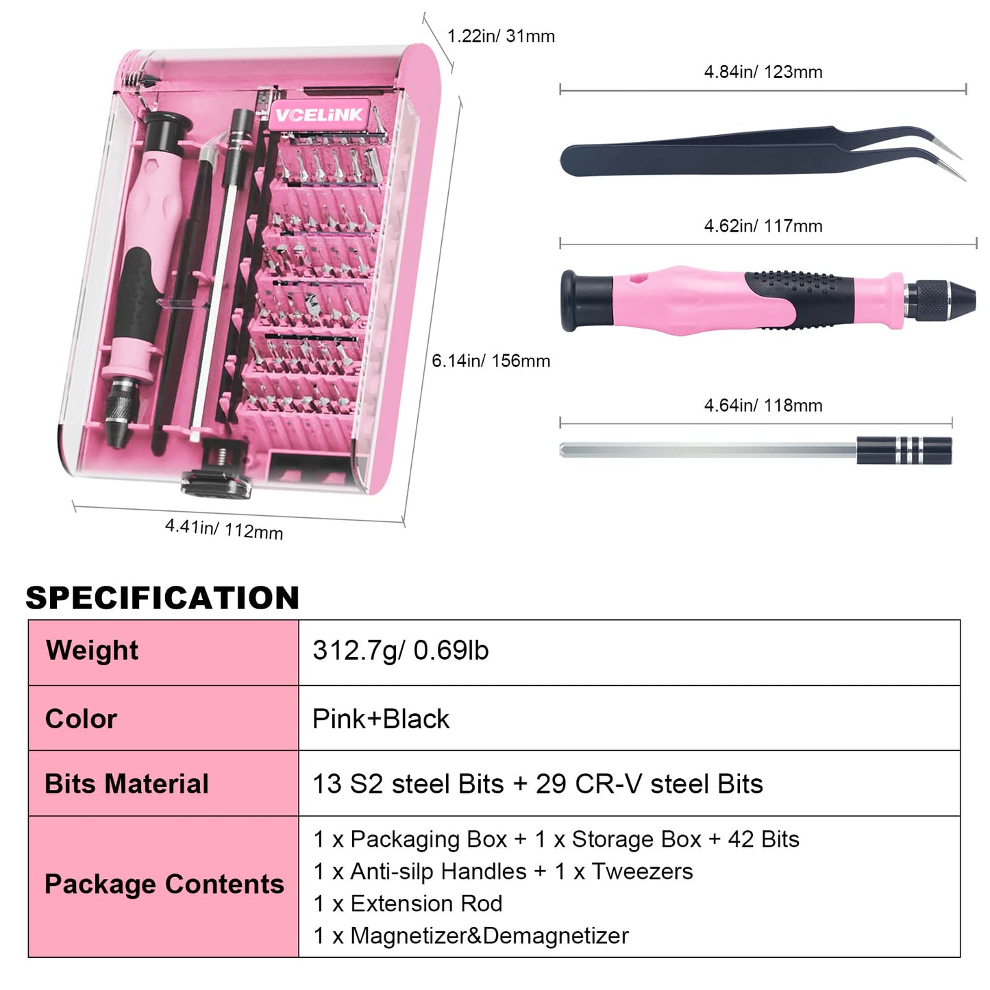 VCELINK Precision Screwdriver Set, 45 in 1 Magnetic Mini Screwdriver Kit, Tweezers & Extension Shaft for Toy, Phone, Tablet, Game Console Repairing, Pink Small Screw Driver Set Gift for Women