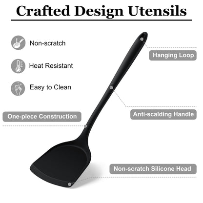 LIANYU 8Pcs Cooking Utensils Set, Heat Resistant Kitchen Utensils, Silicone Utensils Spatula Set for Nonstick Cookware with Spatula, Ladle, Turner, Spoon, Dishwasher Safe, Black