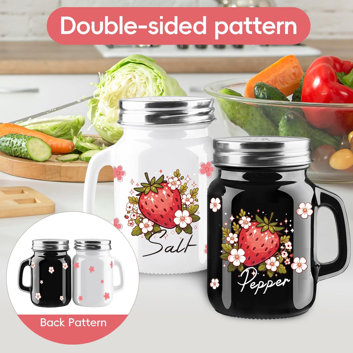 2 Salt And Pepper Shakers，Strawberry Cute Fun Salt And Pepper Shakers Set，Cute Salt Shakers For Kitchen Decor，Black And White Salt And Pepper Shakers With Stainless Steel Lids