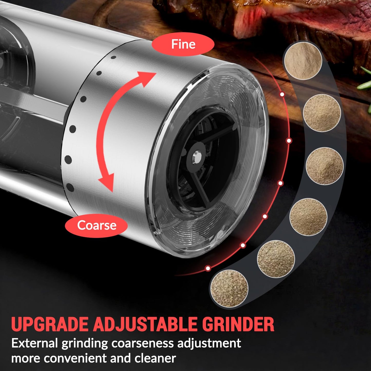 Electric Salt and Pepper Grinder Set with External Coarseness Adjustment, 95ml Large Capacity Automatic Pepper Mill, USB-C Charging Base with LED Light, Stainless Steel Spice Grinder, 2-Piece Set
