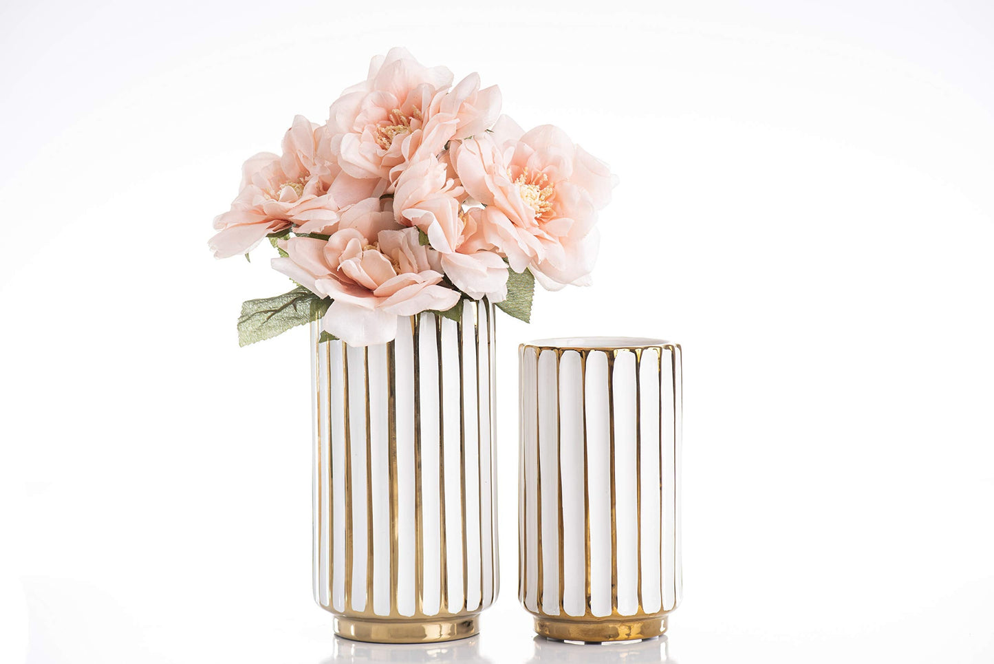 jupriverco White & Gold Vase-Elegant Home Decor-Flower Vase-Kitchen Centerpiece-Geometric Ridges-Beveled Bottom-Modern/Contemporary Design - Wedding Table Accent - Boho Pottery - Gold- H-8.27" D-4.74"