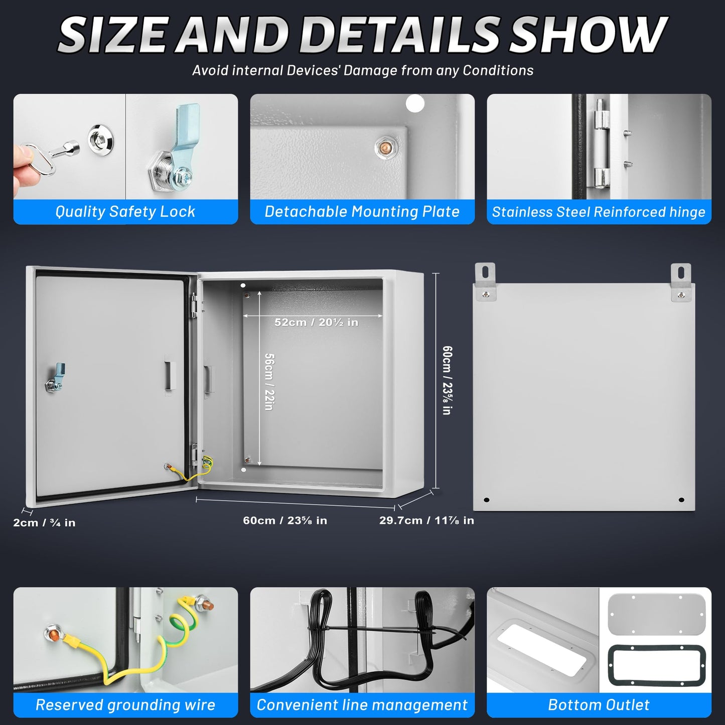 AUFUNIU Steel Electrical Junction Box, 24 x 24 x 12'' Waterproof & Dustproof Electrical Enclosure, Outdoor & Indoor Universal Project Box with Lock & Mounting Plate