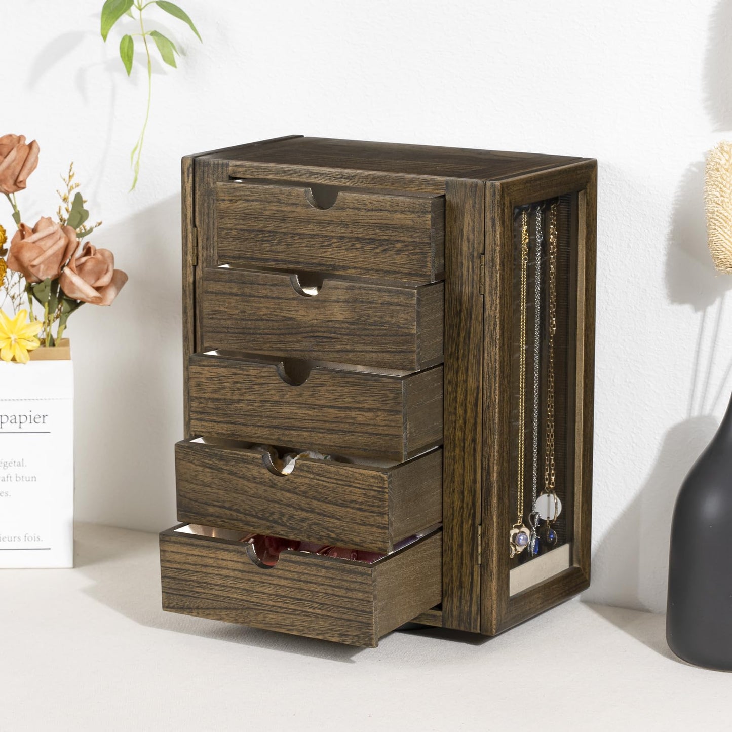 Emfogo 360° Rotating Jewelry Box for Women, Rustic Wooden Jewelry Organizer Box with 5 Drawers, Glass Doors, Vertical Open Design Jewelry Storage Case Display for Earrings Rings Necklaces Bracelets