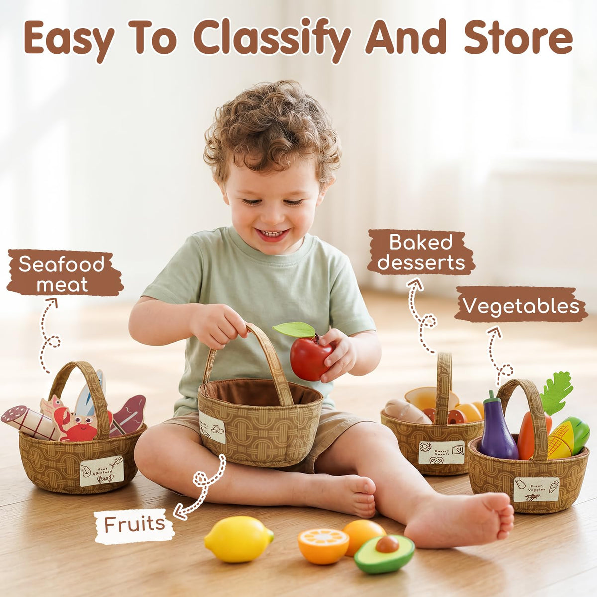 Lehoo Castle Wooden Play Food Set, Toy Food for Toddlers 1-3, Pretend Play Kitchen Accessories, Cutting Food Toys, Montessori Sorting Toys for Kids 3-5 Girls Boys
