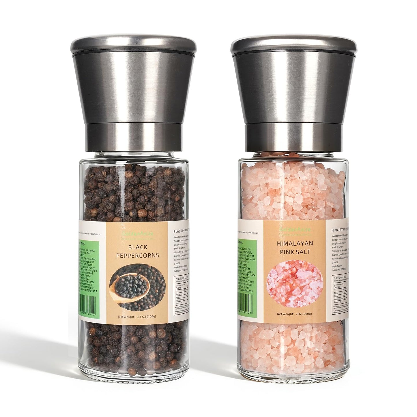 GoldenAnise Stainless Steel Salt and Pepper Grinder Set of 2 - Pre-filled with 3.5oz Black Peppercorns & 7oz Himalayan Pink Salt - Adjustable Ceramic Sea Salt & Pepper Mills, Glass Shakers for Kitchen