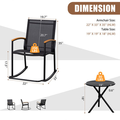 Shintenchi 3 Piece Outdoor Rocking Bistro Set, Textilene Fabric Small Patio Furniture Set, Front Porch Rocker Chairs Conversation Set with Table for Lawn, Garden, Balcony, Poolside (Black)