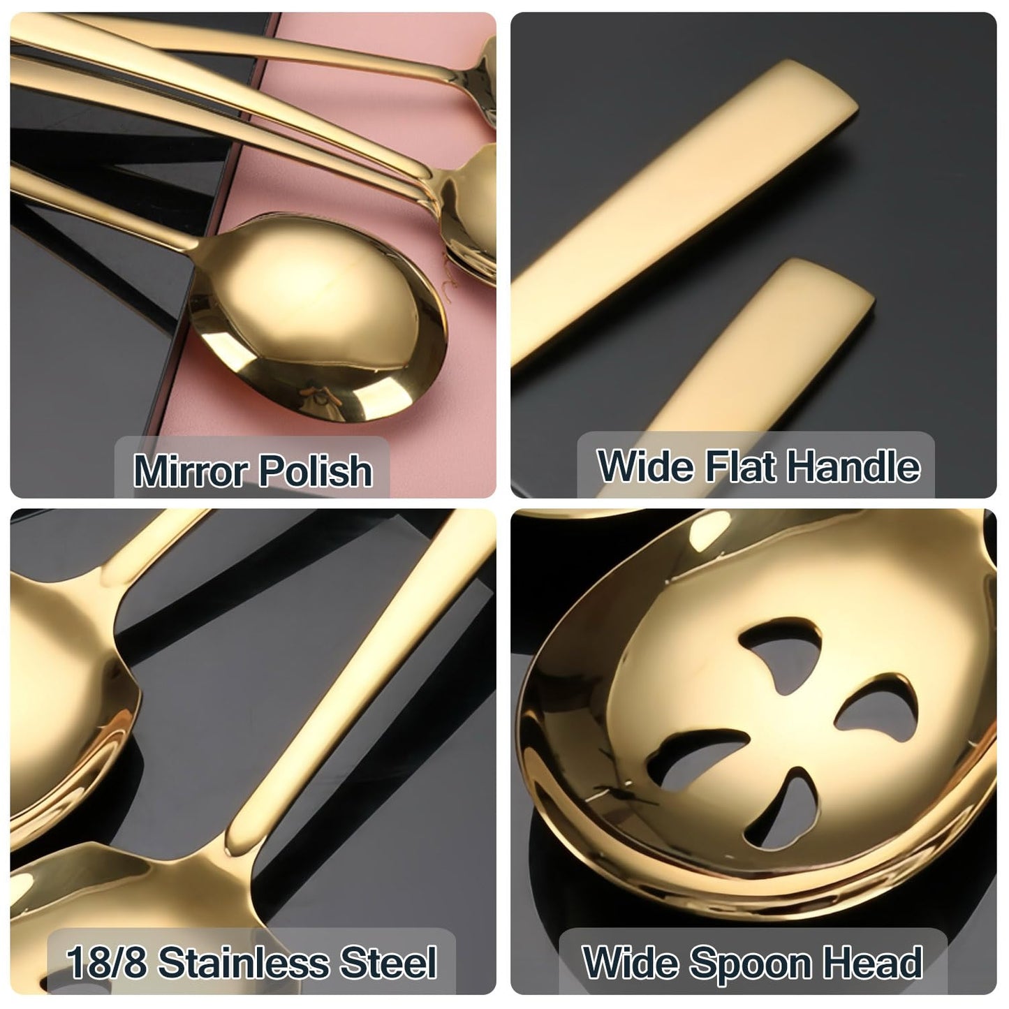 Large Serving Spoons Set Stainless Steel 12 Inch Slotted Spoon and Serving Spoon Serving Utensils for Buffet Catering Dishwasher Safe(1 Spoons, 1 Slotted,Gold)