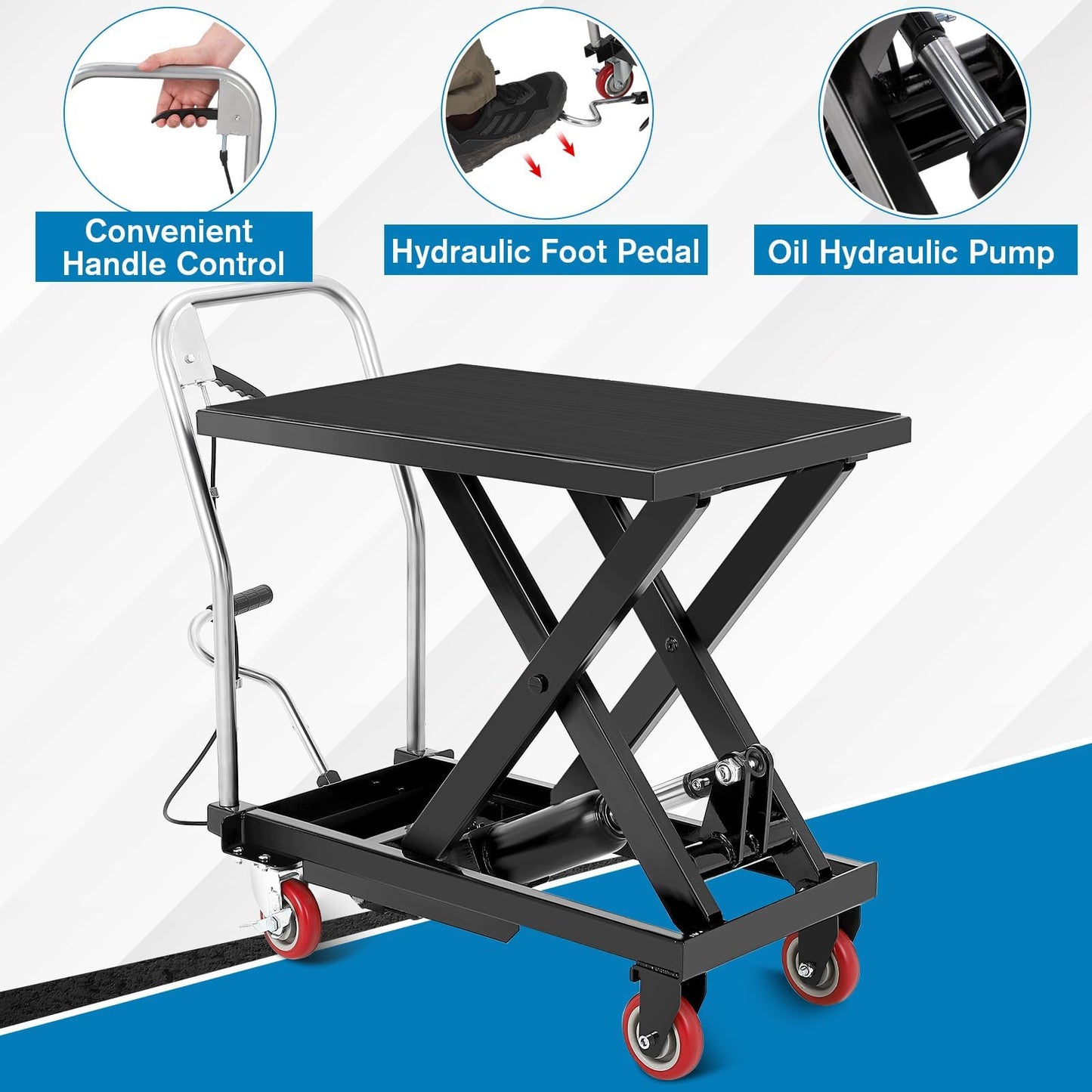 Hydraulic Lift Table Cart, 330lbs Capacity 28.5 in Lifting Height Hydraulic Table Cart, Single Scissor Lift with Non-Slip Pad for Material Handling and Transportation, Black