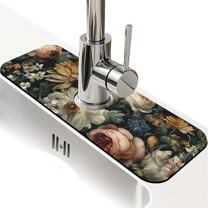 Kitchen Sink Splash Guard，Dark-floral Faucet Mat Sink Gadgets-Super Absorbent