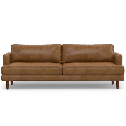 SIMPLIHOME Livingston Sofa - 90 inch Wide Top Grain Genuine Leather Sofa in Caramel Brown, Mid-Century Modern 3-Seater Couch for Living Room with Feather-Wrapped Cushions and Solid Wood Frame