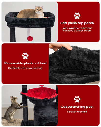 SYANDLVY Gothic Cat Tree with Coffin Bed for Indoor Cats, Small Cat Tower with Scratching Post, Modern Activity House Condo with Cradle, Kittens Cave, Black & Red