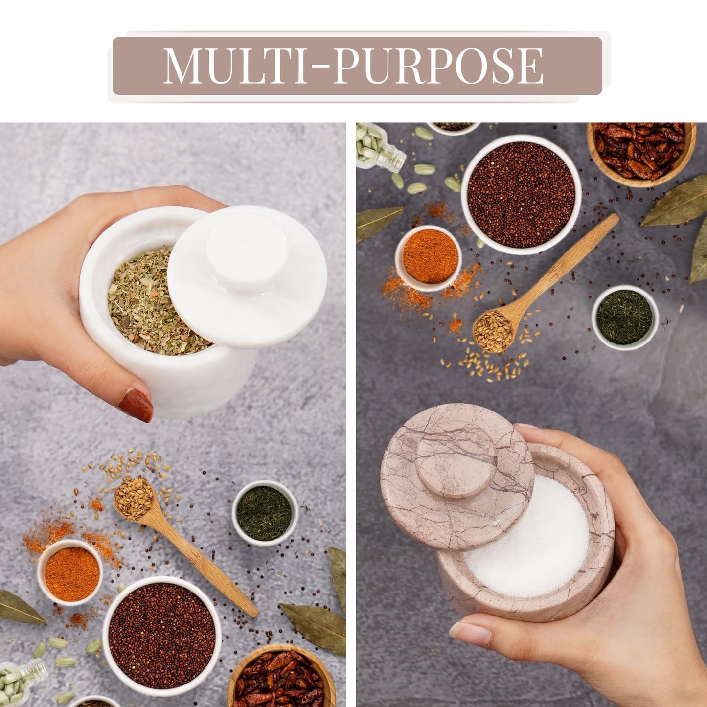 MARBLOUS KRAFTS Marble Salt Cellar with Lid 3" White and Marinara Salt, Pepper Bowls, Seasoning Containers Kitchen Storage, Perfect for Spice Jars