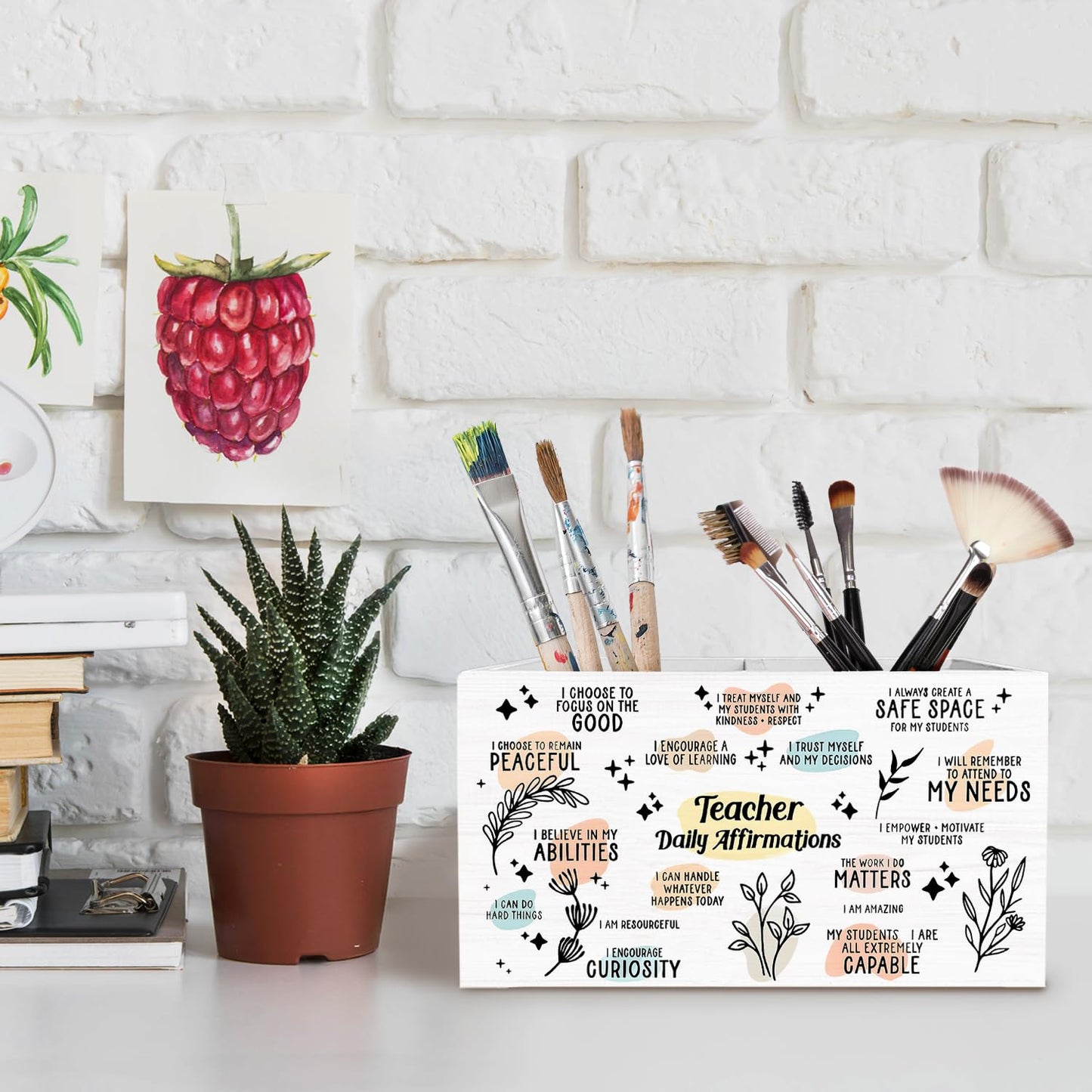 METNBASYY Teacher Daily Affirmation Pen Holder for Desk, Teacher Appreciation Gifts Pencil Organizer, Inspirational Quotes Wooden Box Sign Desk Decor for Teachers Office Home Decoration