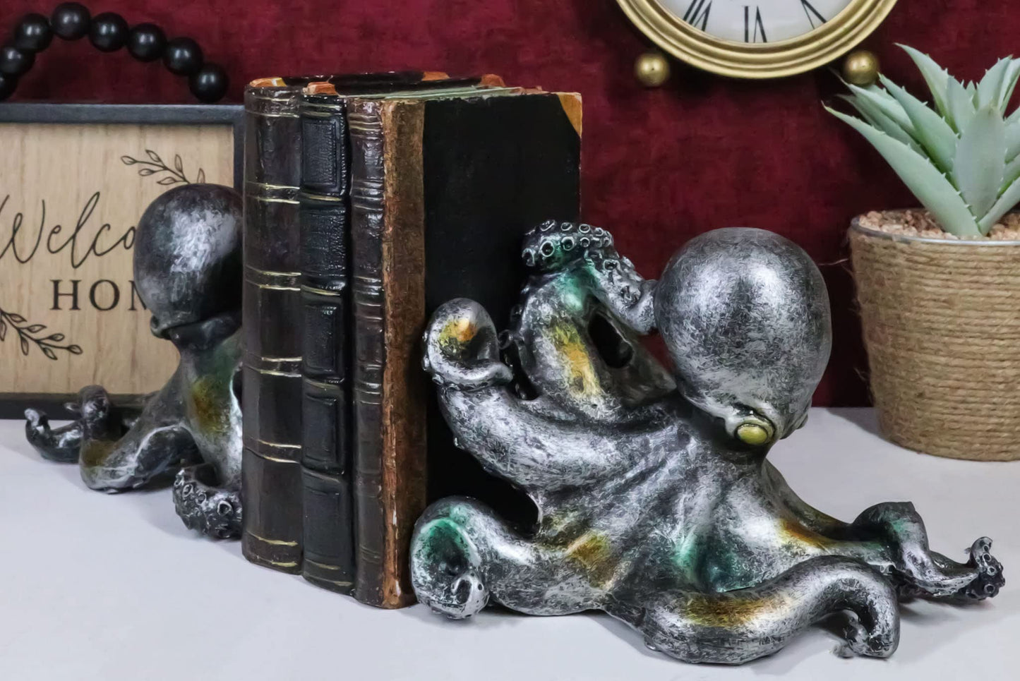 Ebros Nautical Coastal Sea Monster Octopus Bookends Set Statue in Faded Bronze Antique Finish 6.25" H Mythical Sea Giant Cthulhu Kraken Decorative Office Study-Room Library Desktop Decor Figurines
