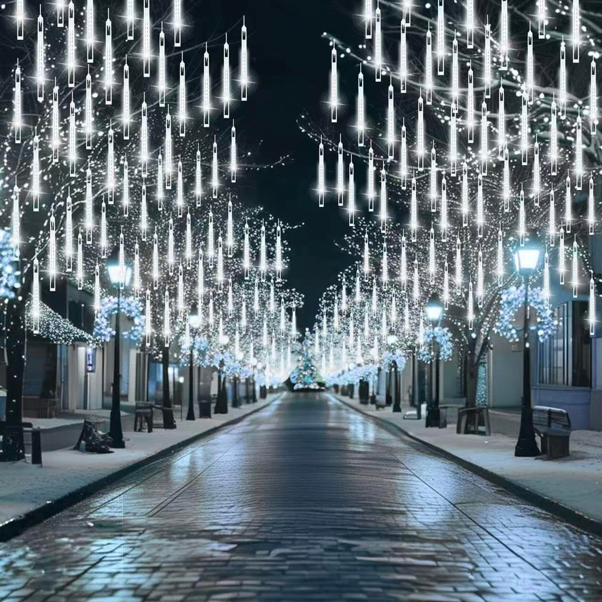 2 Pack Christmas Lights Outdoor, Expandable Meteor Shower Lights with Timer, Waterproof Falling Rain Light with 16 Tubes 384 LED Plug in, Suitable for Garden House Xmas Tree Decorations (Cool White)