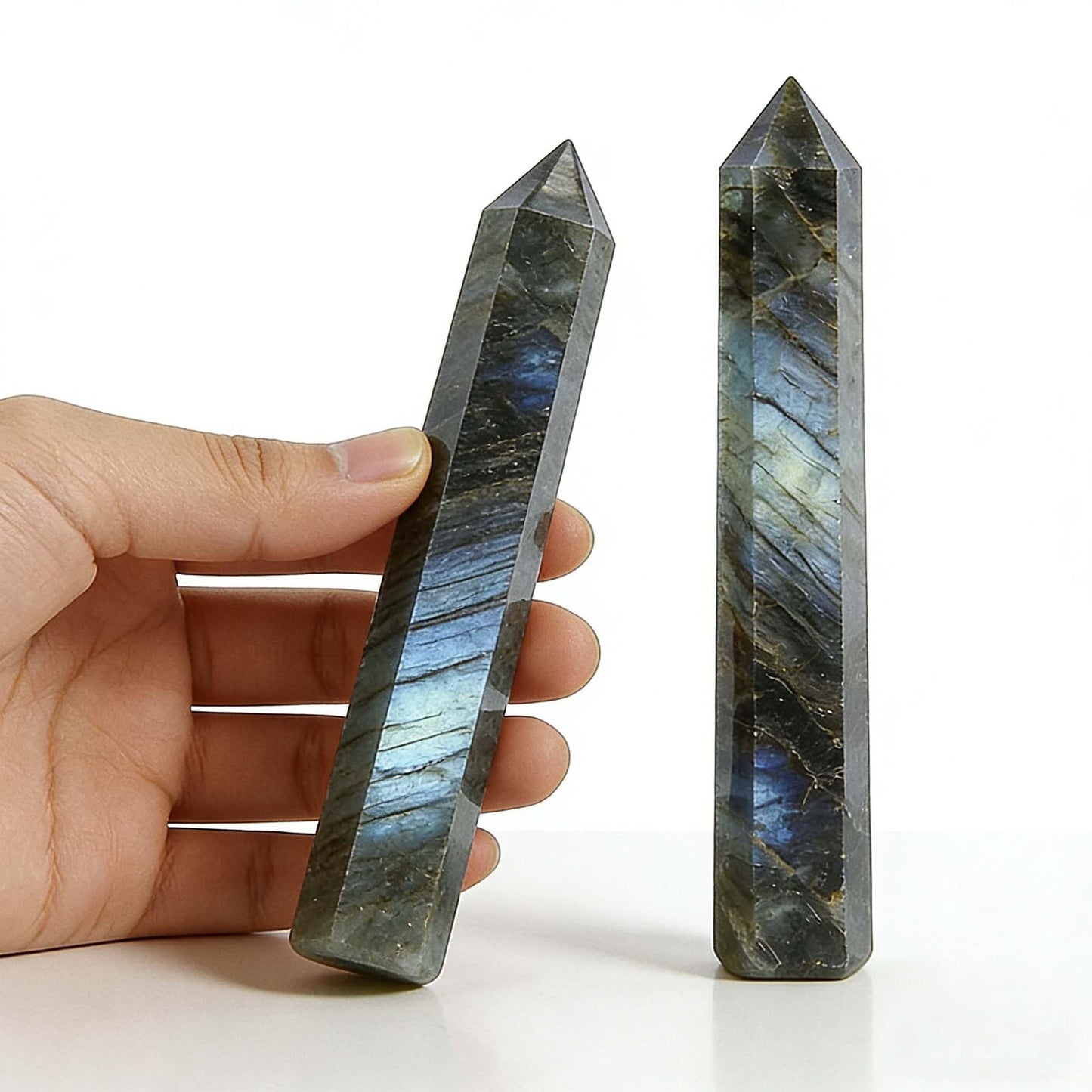 AierCrystal 2pcs Natural Crystal Point Wand Set,Hand-Finely Polished,Meditation Healing Purification,Full-Scenario Decoration Display for Home Office,Holiday Gifting(15cm Big Wand 2pcs Labradorite)