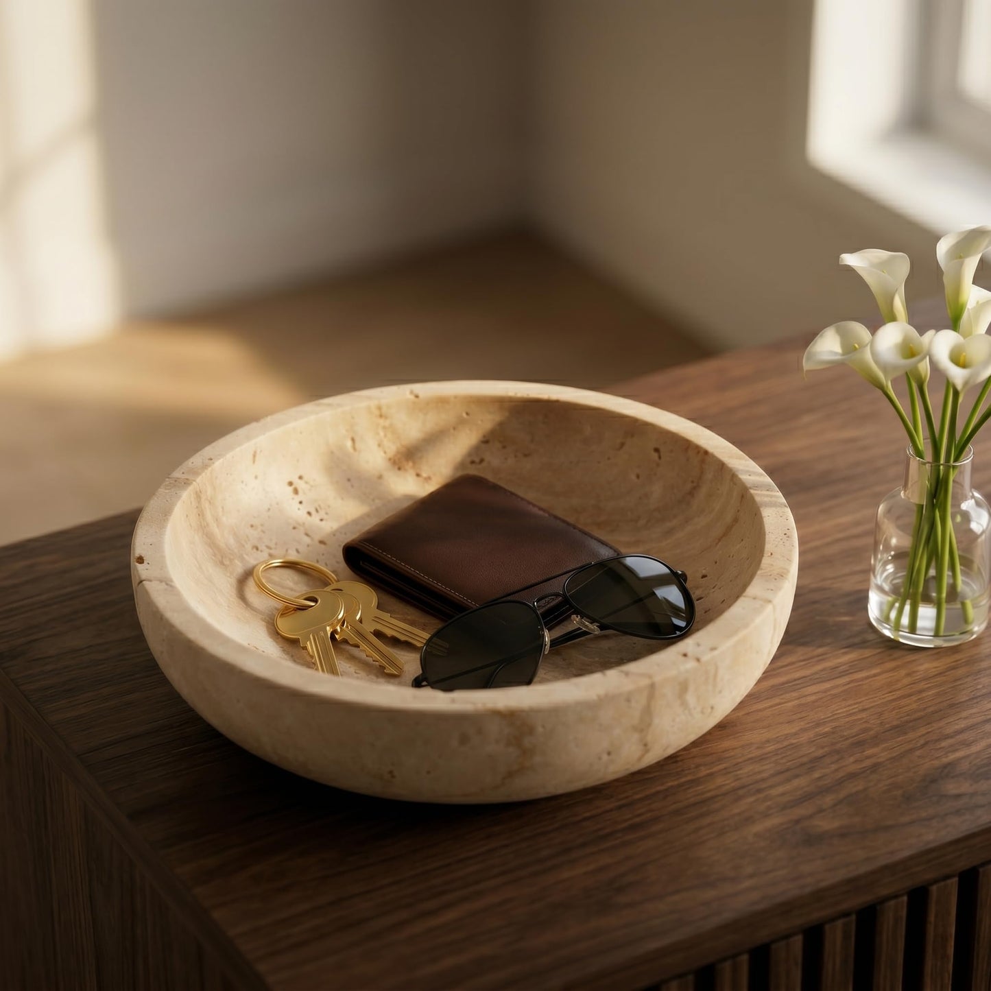 Natural Marble Travertine Decorative Bowl: 7.8" Honed Yellow Stone Catch All Bowl for Keys Entryway Table - Organic Modern Centerpiece Key Dish for Coffee Table Decor, Bedside Ring Jewelry Holder Tray