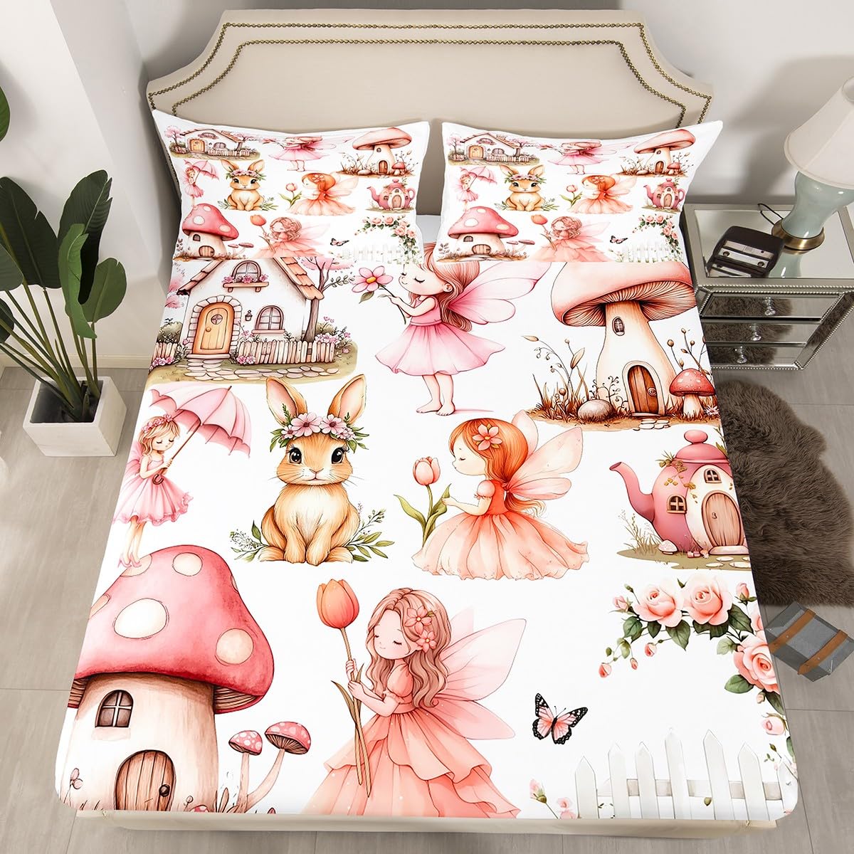 Erosebridal Pink Fairy Garden Twin Fitted Sheet - Mushroom Floral Bedding Set for Girls Kids, Butterfly Flower Bunny Bottom Sheets Only | Kawaii Fairies Girly Bed Set 2 Piece Bedroom Decor