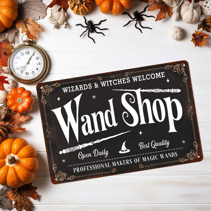 Wand Shop Wizards & Witches Welcome Halloween Metal Tin Sign Wall Art for Farmhouse Home Cafes Haunted House Halloween Holiday Party Decor 8x12 Inch