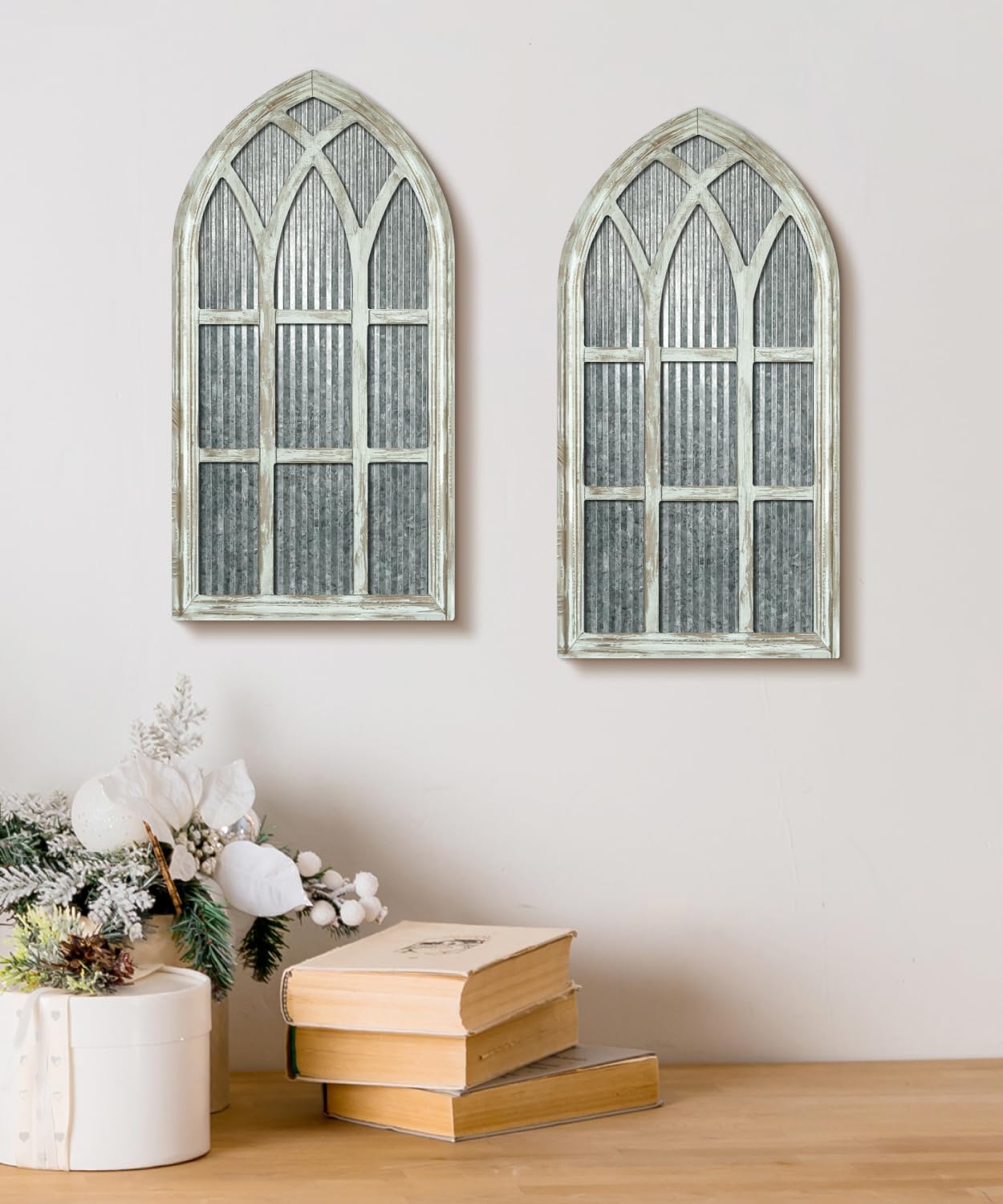 Putuo Decor Weathered White Gothic Arch Window Wall Decor, Rustic Cathedral Frame for Farmhouse Living Room Hallway