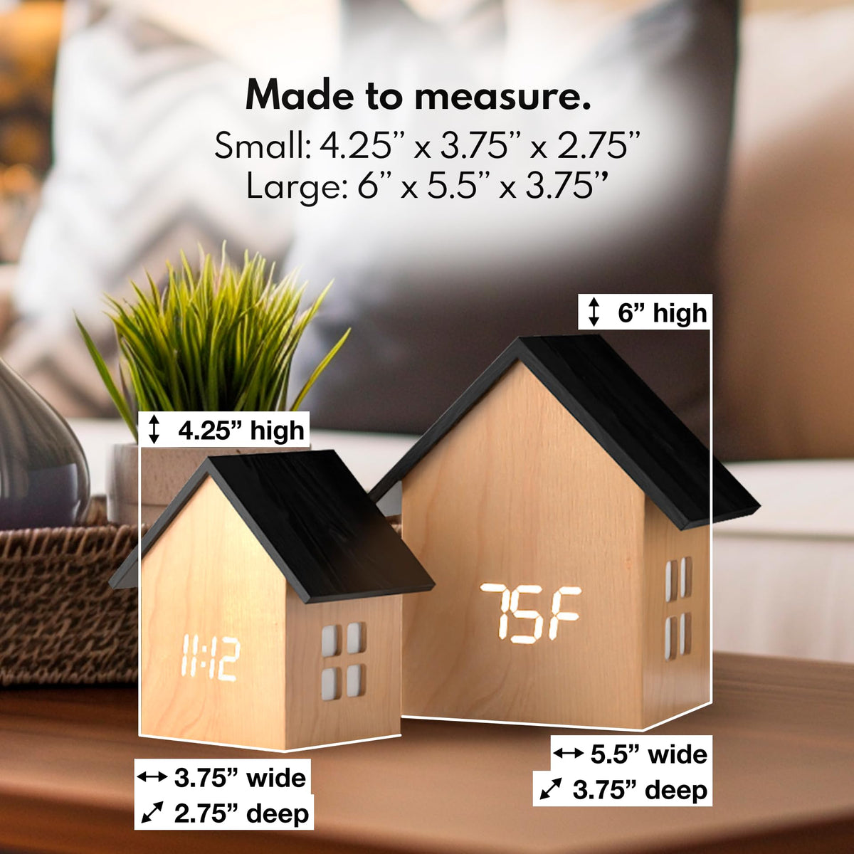 Driini Digital House-Shaped Alarm Clock with Temperature Display (Light Wood) – Modern Aesthetic - Cute Cube Frame and White LED Dimmer - Perfect Small Desk Clock for Bedside Table or Bedroom Mantle