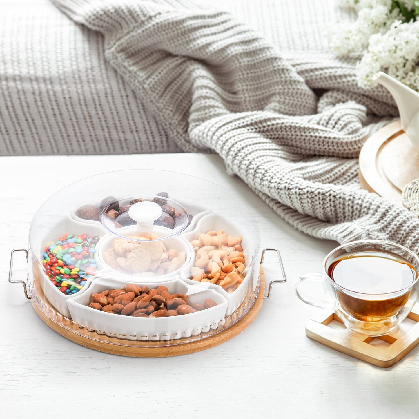 yarlung Ceramic Divided Serving Dishes Platter with Clear Lid, 11 Inch Bamboo Appetizer Tray with Handles 5 Removable Snacks Bowls Relish Tray for Candy and Nut, Chips and Dips, Veggies