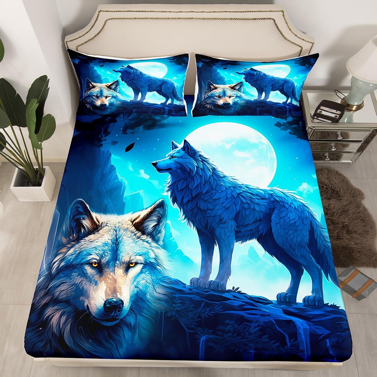 Wild Wolf Fitted Sheet Queen Size,Moon Night Scenery Bedding Set 3Pcs for Kids Teens Boys Adult Bedroom Decor,Nature Animals Bed Sheet Mountain and Tree Silhouette Deep Pocket Sheet,2 Pillowcases