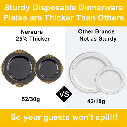 Nervure 100PCS Black and Gold Plastic Plates - 10.25Inch Black Disposable Plates - Black Plastic Dinner Plates for Wedding & Party & Halloween