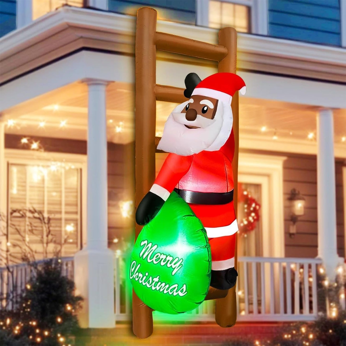 6 FT Hanging Christmas Inflatables Black Santa Claus with Gift Bag Climbing on Ladder, Blow Up African American Christmas Decorations Outdoor Build-in LED Lights for Garden Decor Xmas Holiday Party