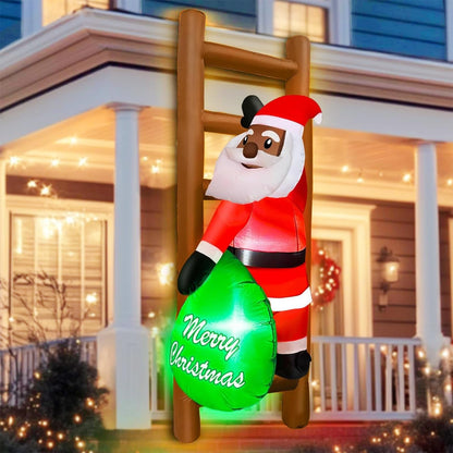 6 FT Hanging Christmas Inflatables Black Santa Claus with Gift Bag Climbing on Ladder, Blow Up African American Christmas Decorations Outdoor Build-in LED Lights for Garden Decor Xmas Holiday Party