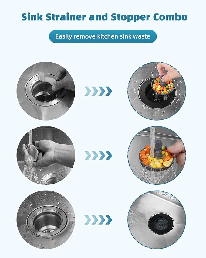 Universal 3 in 1 Kitchen Sink Drain Strainer Stopper Combo, Anti-Clog and Easy
