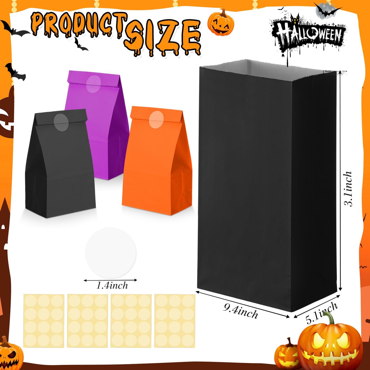 Skyygemm 36 Pcs Halloween Party Favor Paper Bags Candy Paper Gift Bags with Stickers 5.1 x 3.2 x 9.5'' for Festival Holiday Baby Shower Birthday Wedding Party Anniversaries