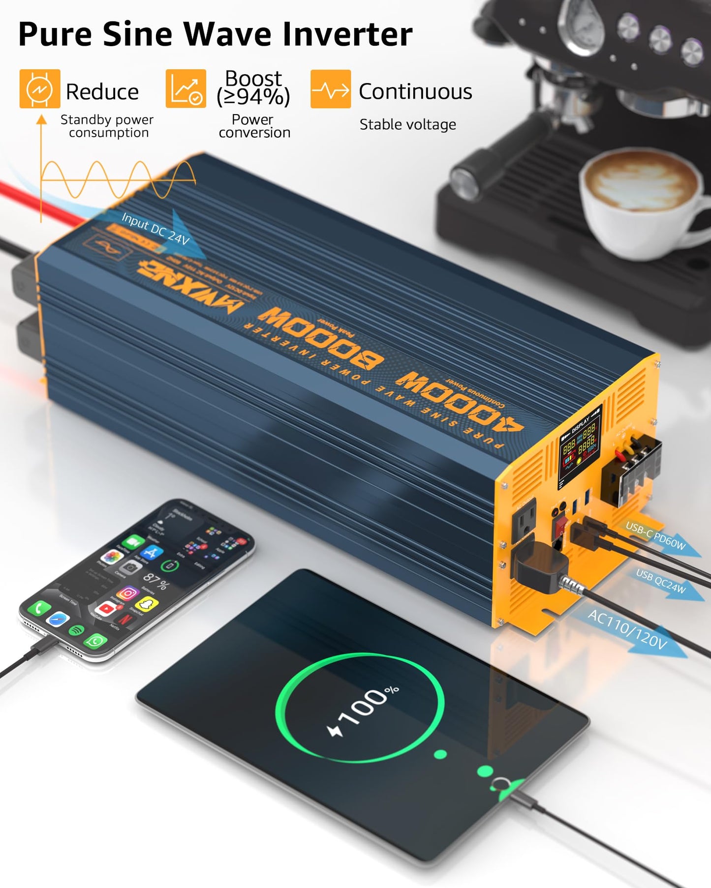 MWXNE 4000W Pure Sine Wave Power Inverter DC 48V to AC 110V 120V for Home RV with Dual AC Outlets 1 USB-C(60W) 3 USB-QC3.0 Fast Car Charger Adapter, LCD Display and Remote Control